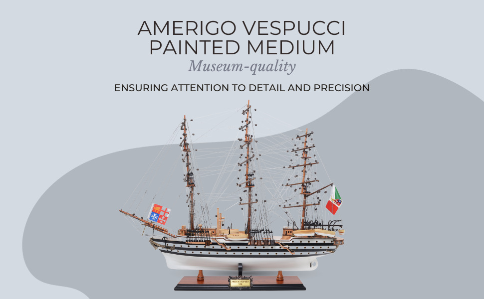 This image includes the model ship Amerigo Vespucci