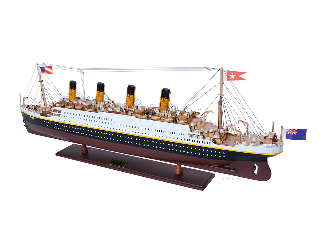 This image is about an RMS Titanic model ship which is a passenger ocean liner of the White Star Line Company built in 1909. It is a replica of the historical Titanic ship, it is a handicraft wooden item for decor from Vietnam.
