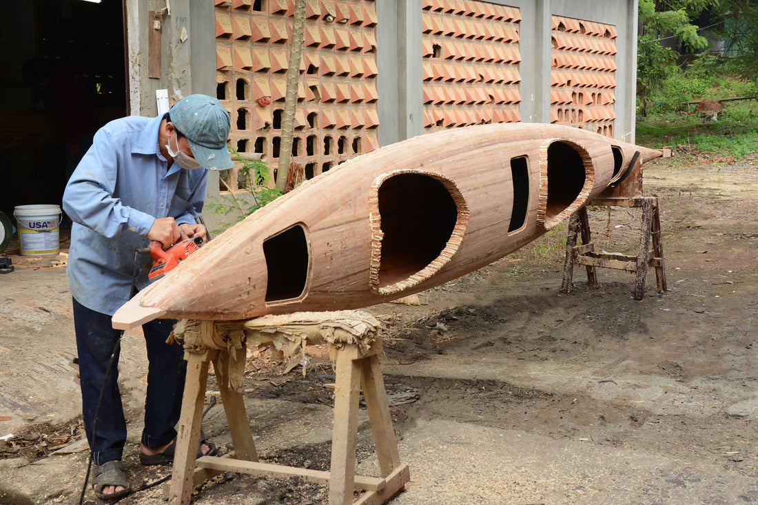 This is an image includes method of building a wooden boat such as kayaks, boats, canoes, glama, gondola, handmade from high quality wood for use, fishing, decor home, gifts, using in lake or river.
