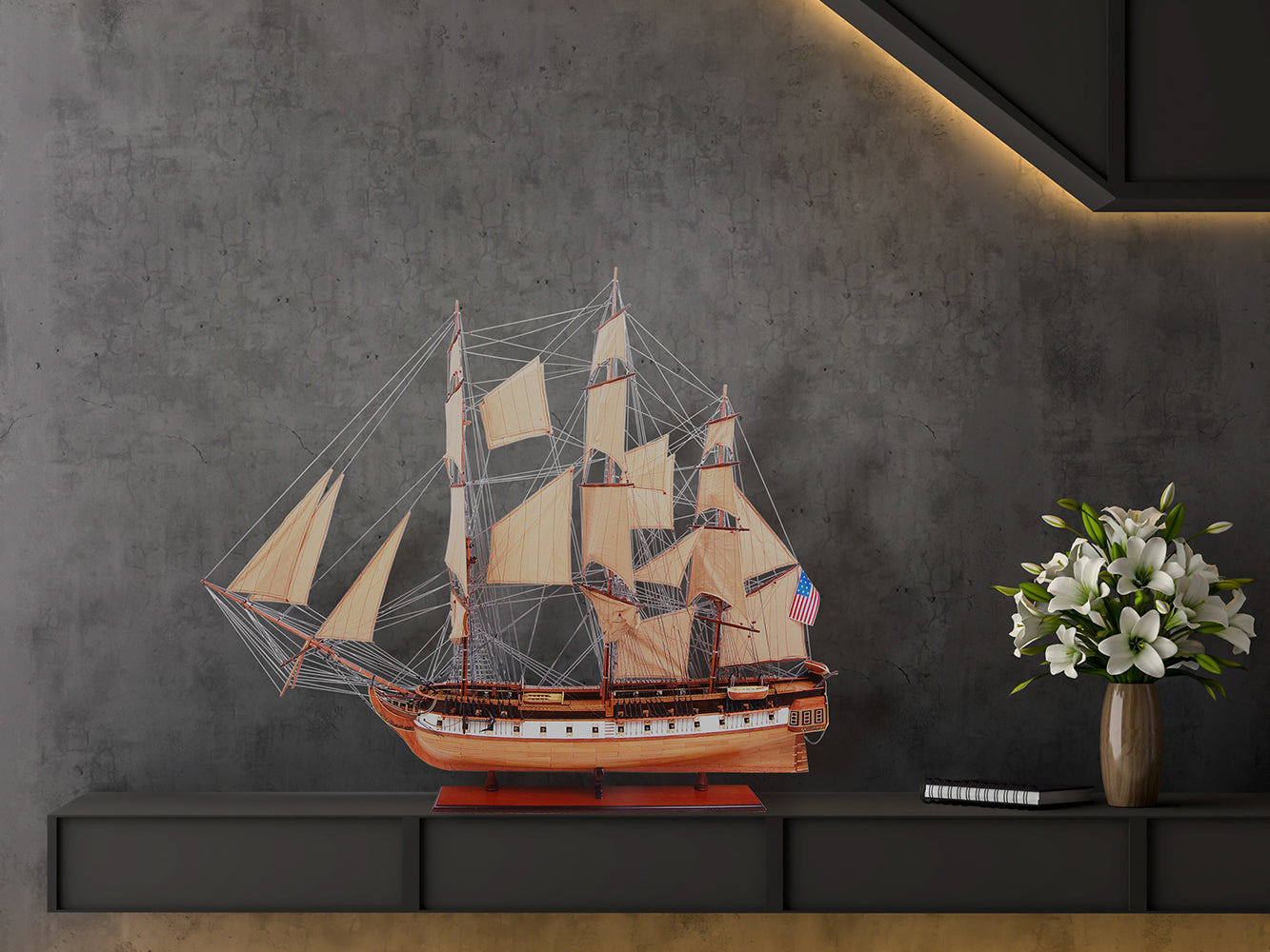 USS CONSTITUTION 56L WITH DISPLAY CASE NO GLASS | High-quality | Fully Assembled Wooden Ship Model