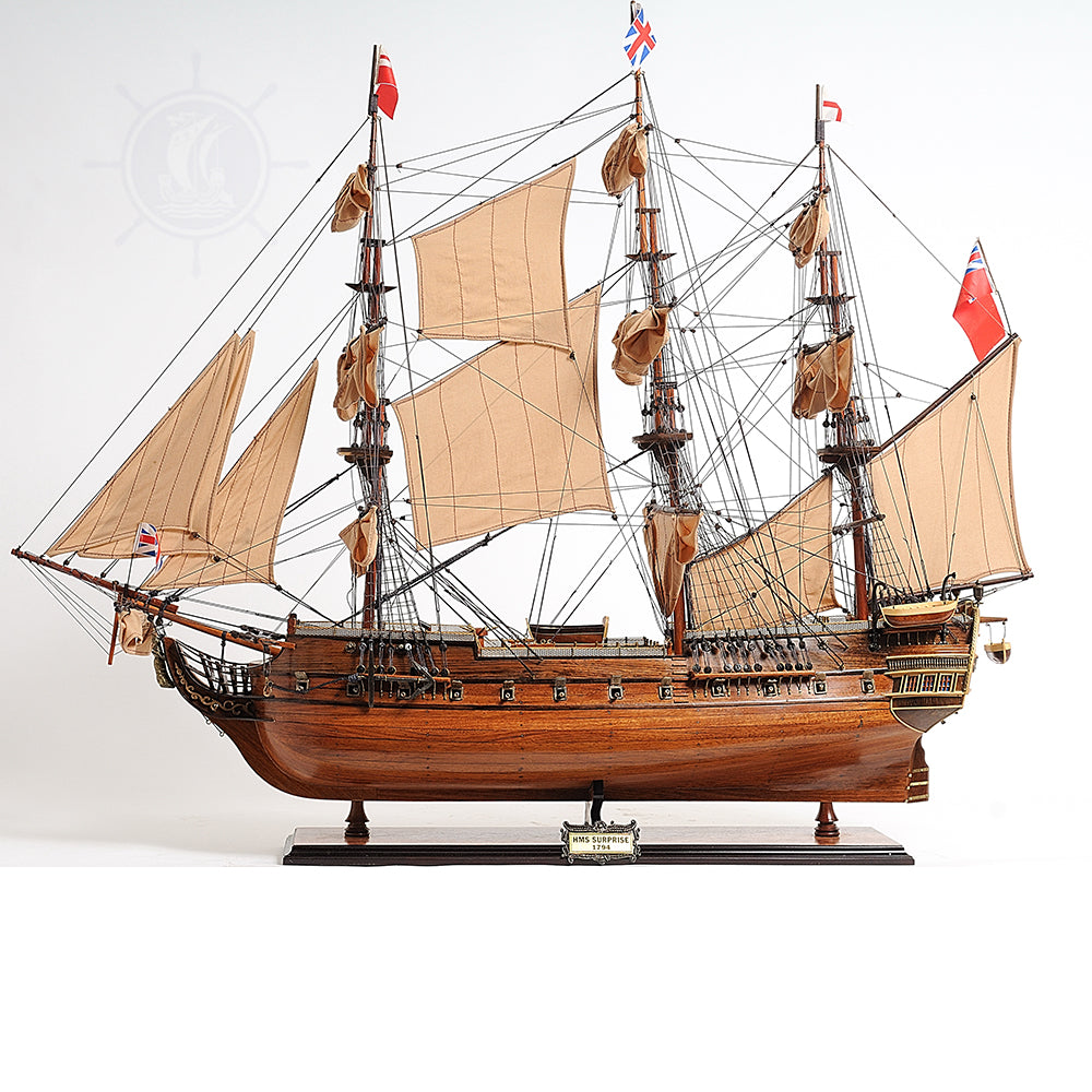 HMS SURPRISE MODEL SHIP LARGE WITH FLOOR DISPLAY CASE | Museum-quality | Fully Assembled Wooden Ship Models