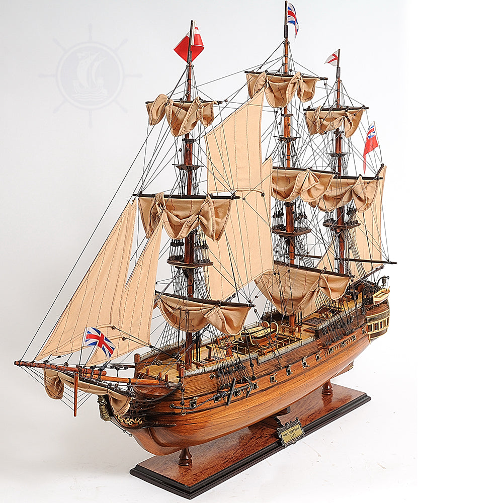 HMS SURPRISE MODEL SHIP LARGE WITH FLOOR DISPLAY CASE | Museum-quality | Fully Assembled Wooden Ship Models