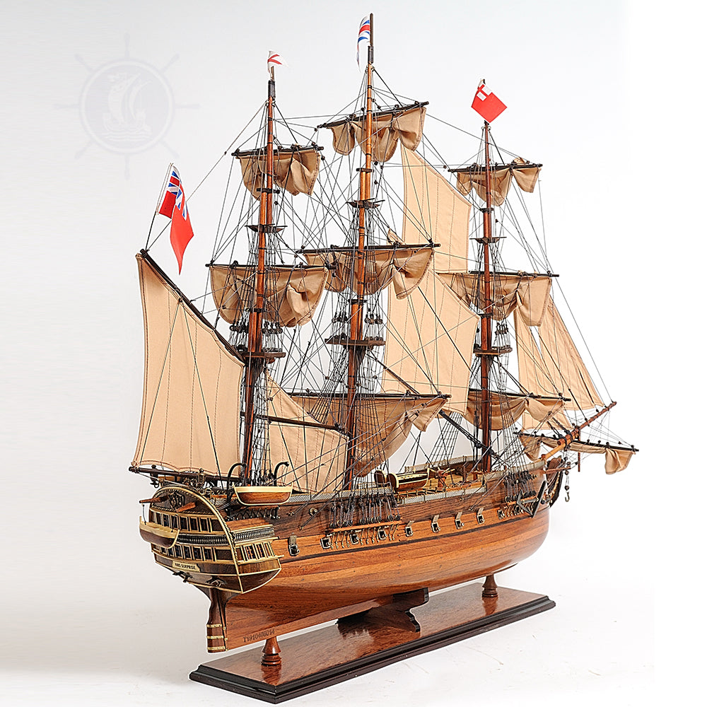 HMS SURPRISE MODEL SHIP LARGE WITH FLOOR DISPLAY CASE | Museum-quality | Fully Assembled Wooden Ship Models