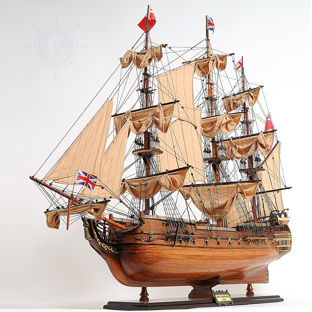 HMS SURPRISE MODEL SHIP LARGE WITH TABLE TOP DISPLAY CASE | Museum-quality | Fully Assembled Wooden Ship Models